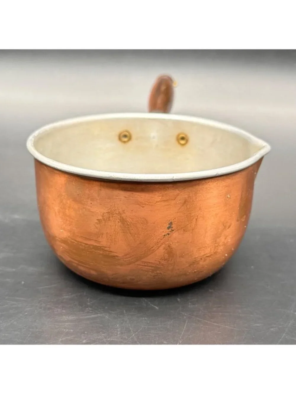 Vintage Copper Saucepan Wooden Handle Rustic Cookware Pot Dipper Pour Spout